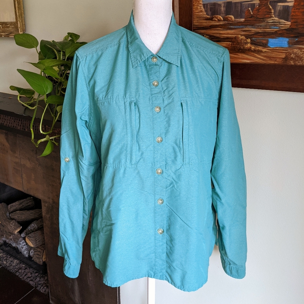 Exofficio Women's XL Dark Aqua Long Sleeve Button Up Top Pockets Outdoor